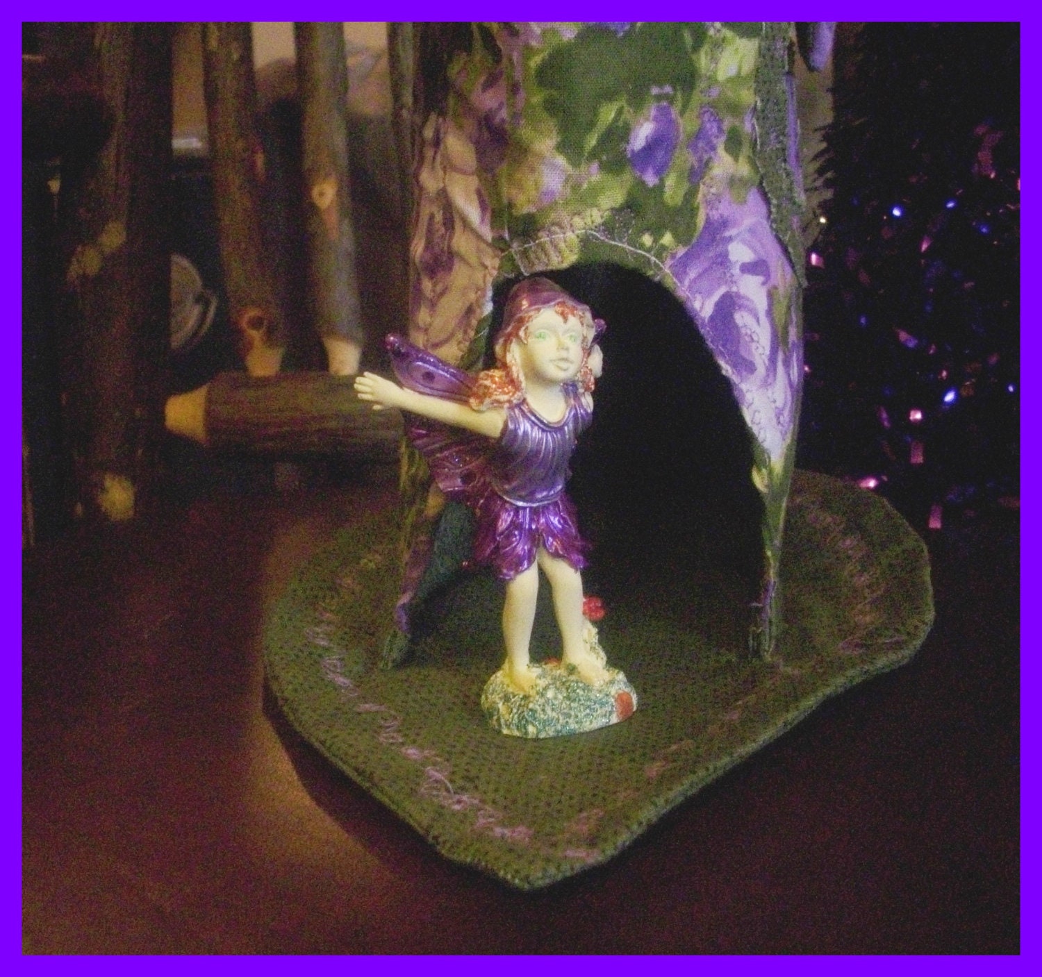 Fiber Art fairy house soft sculpture country cottage  hand painted fairy purple green quilted one of a kind