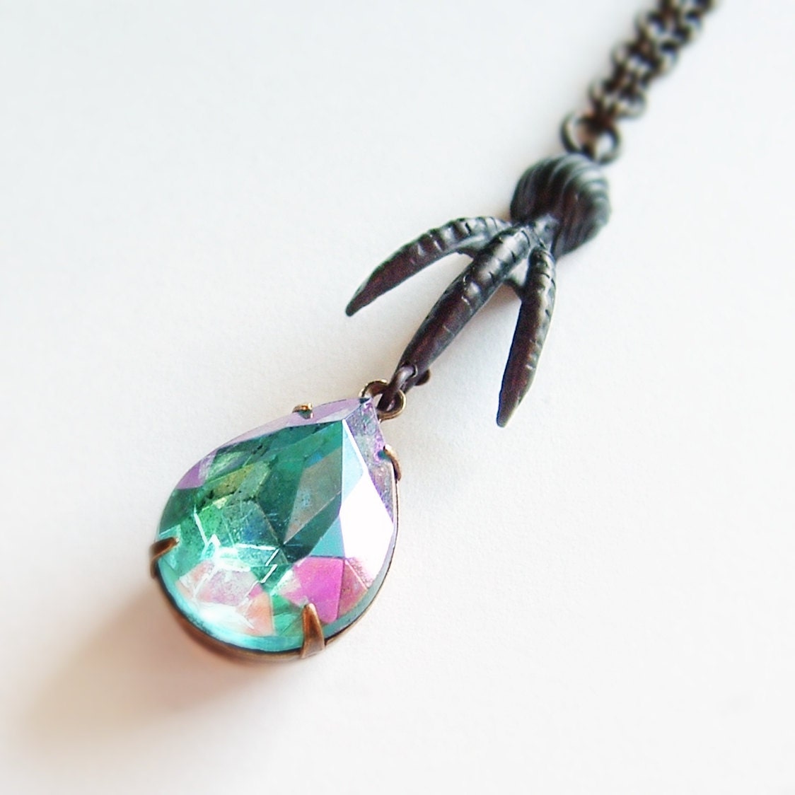 Bird Claw Necklace Vintage Iridescent Rhinestone Antiqued Brass Victorian Raven Talon Foot Charm