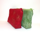 Pouch Set Gift Card Holder Small Cosmetic Bag Red and Green With Gold Highlights - handjstarcreations