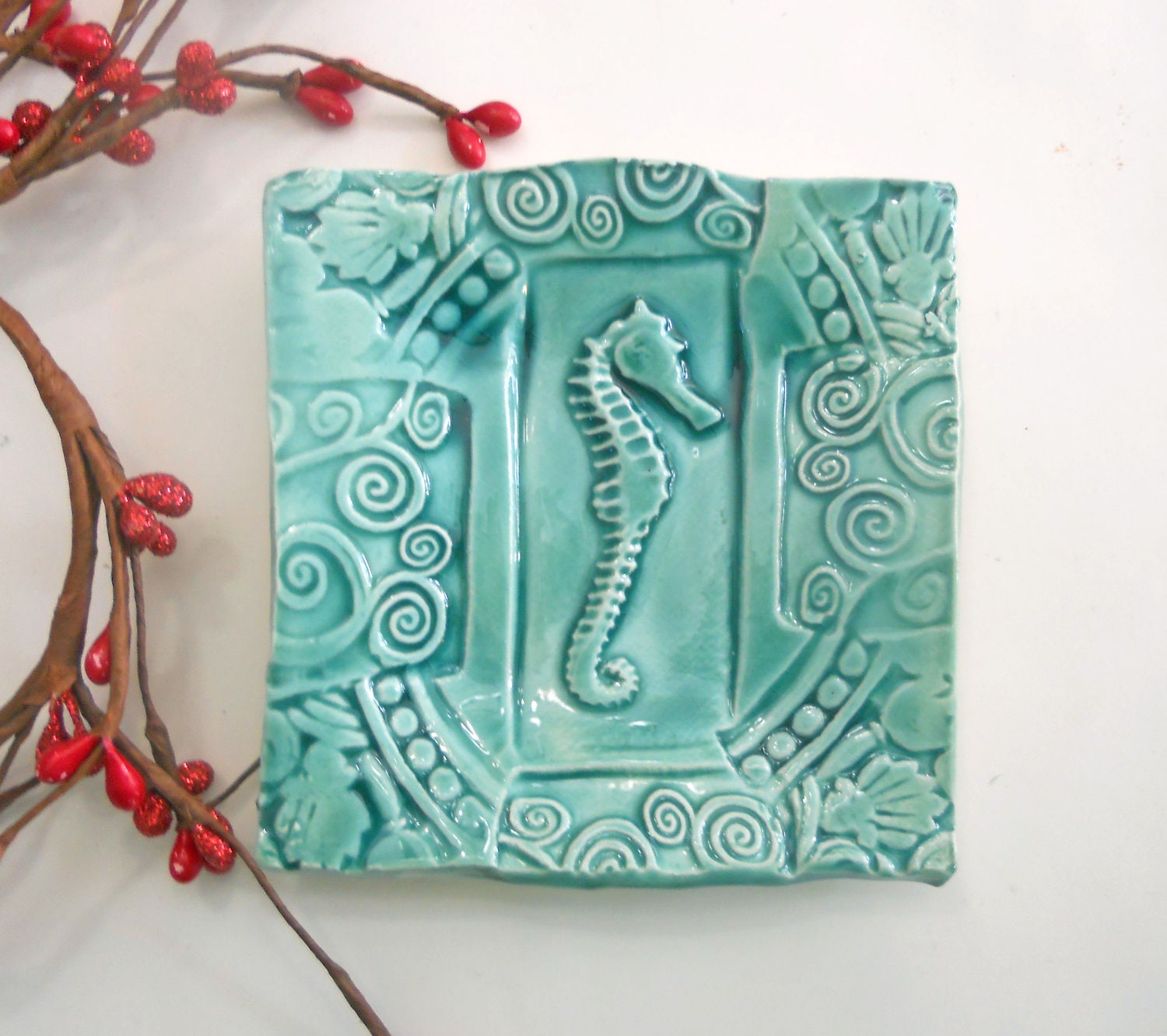 Seahorse Plate Spoon Rest Sponge Holder Teal Handmade Pottery