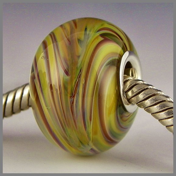 a neutral striped handmade lampwork silver cored bead in a size to fit big hole European style bracelets - Sandy Stripe