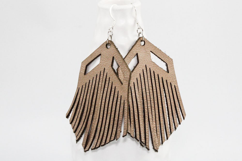 Leather Earrings - Chevron Fringe - Laser Cut (Tan / Taupe)