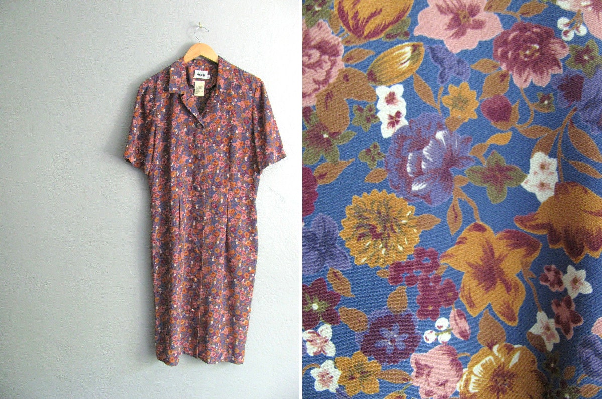 vintage '80s AUTUMN FLORAL short sleeve button-front TEA dress. size xl.