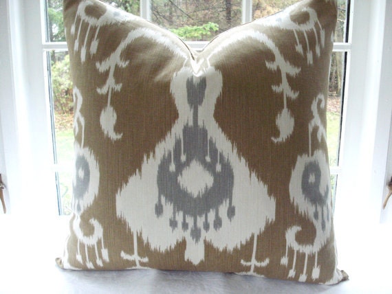 BOTH SIDES-20x20 -22x22-24x24- and Lumbars - Ikat --Designer Decorative Pillow Cover --Cafe Au Lait Tan Ivory , Steel Grey