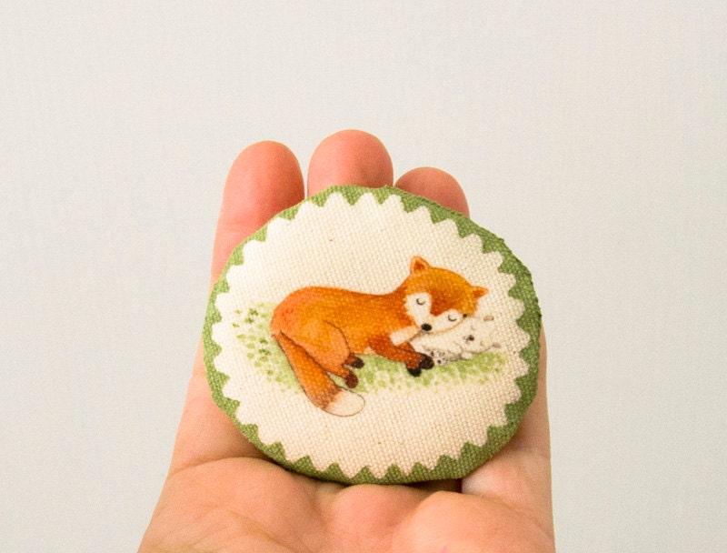 Fox and rabbit friends - Cute art brooch in cotton