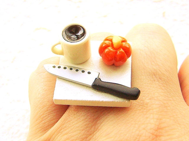 Halloween Ring Miniature Food Jewelry Coffee And Carving a Pumpkin