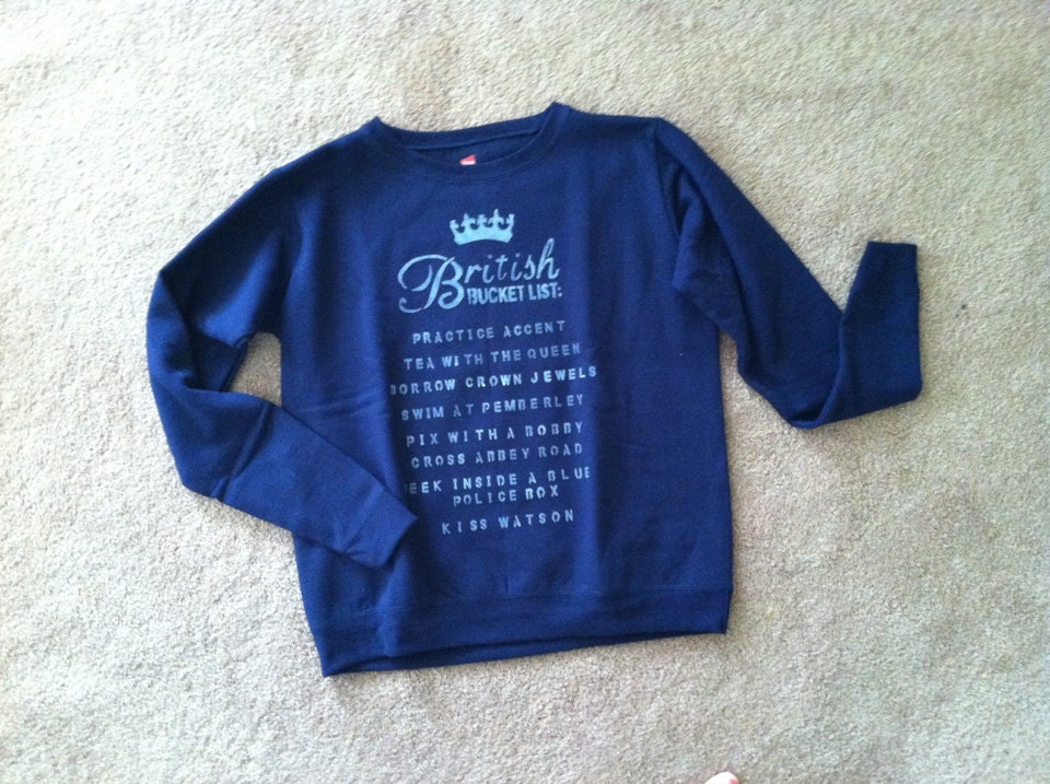 British Bucket List hand stenciled womens sweatshirt shirt jumper size S