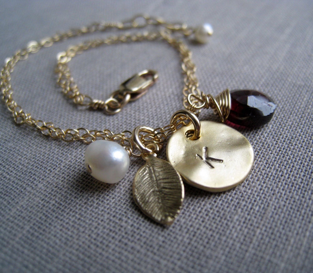 Initial and birthstone bracelet, gold leaf, pearl accent, perfect for bridesmaid gifts, bridal jewelry, september birthstone