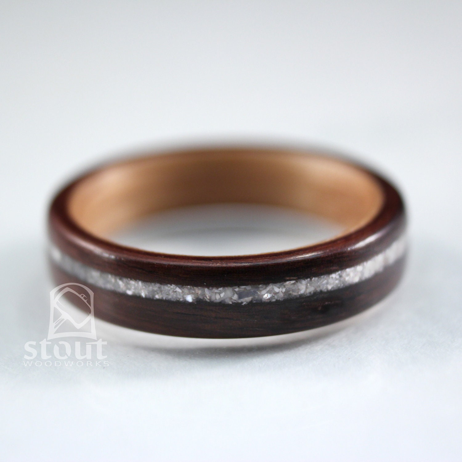 Size 8.5 - Indian Rosewood lined with Birch, With Offset Mother of Pearl Inlay Bentwood Ring - Handcrafted Wooden Ring
