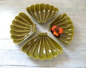 California Pottery Serving Set, 4 Vintage Olive Green Dishes, Fan Shaped Scalloped Bowls, Retro Hostess