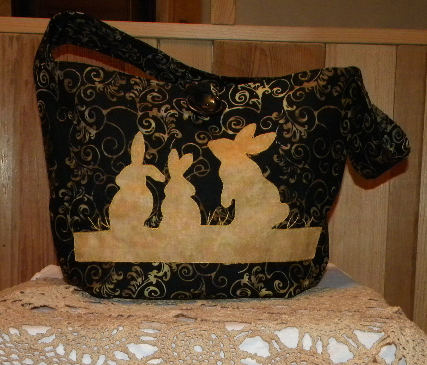 Black Batik Bunny Silhouette Shoulder Bag, Hand Applique 11x13 inches - 26 inch shoulder strap