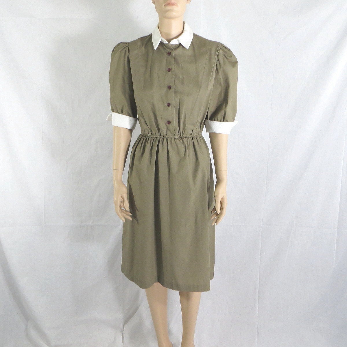 1980s Vintage Day Dress - Olive Khaki with White Pique Accents - Extra Small to Small