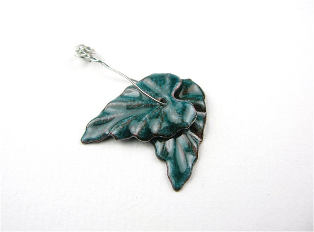 Enameled Ivy Leaf Pair / Teal enamel Lot 3