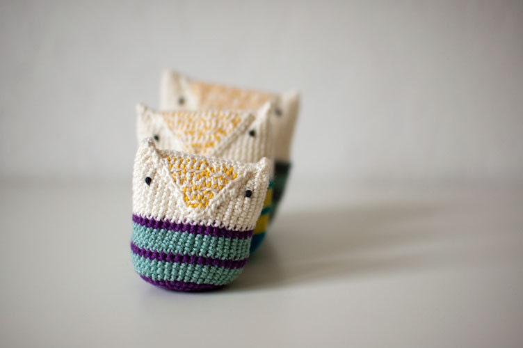 Crocheted Owl Baby Toy for Baby Boys and Baby Girls - Natural White Violet Lilac Purple Mint Stripes Cotton - OOAK - Summer Snow Owl