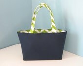 Canvas Tote Bag Large, Navy Blue, Green Chevron, Interior Pockets, Shoulder Bag, Diaper Bag