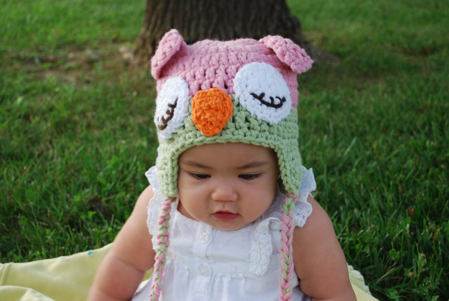 Pink and Green Owl Hat, Sleepy owl hat, ANY size CUSTOM made