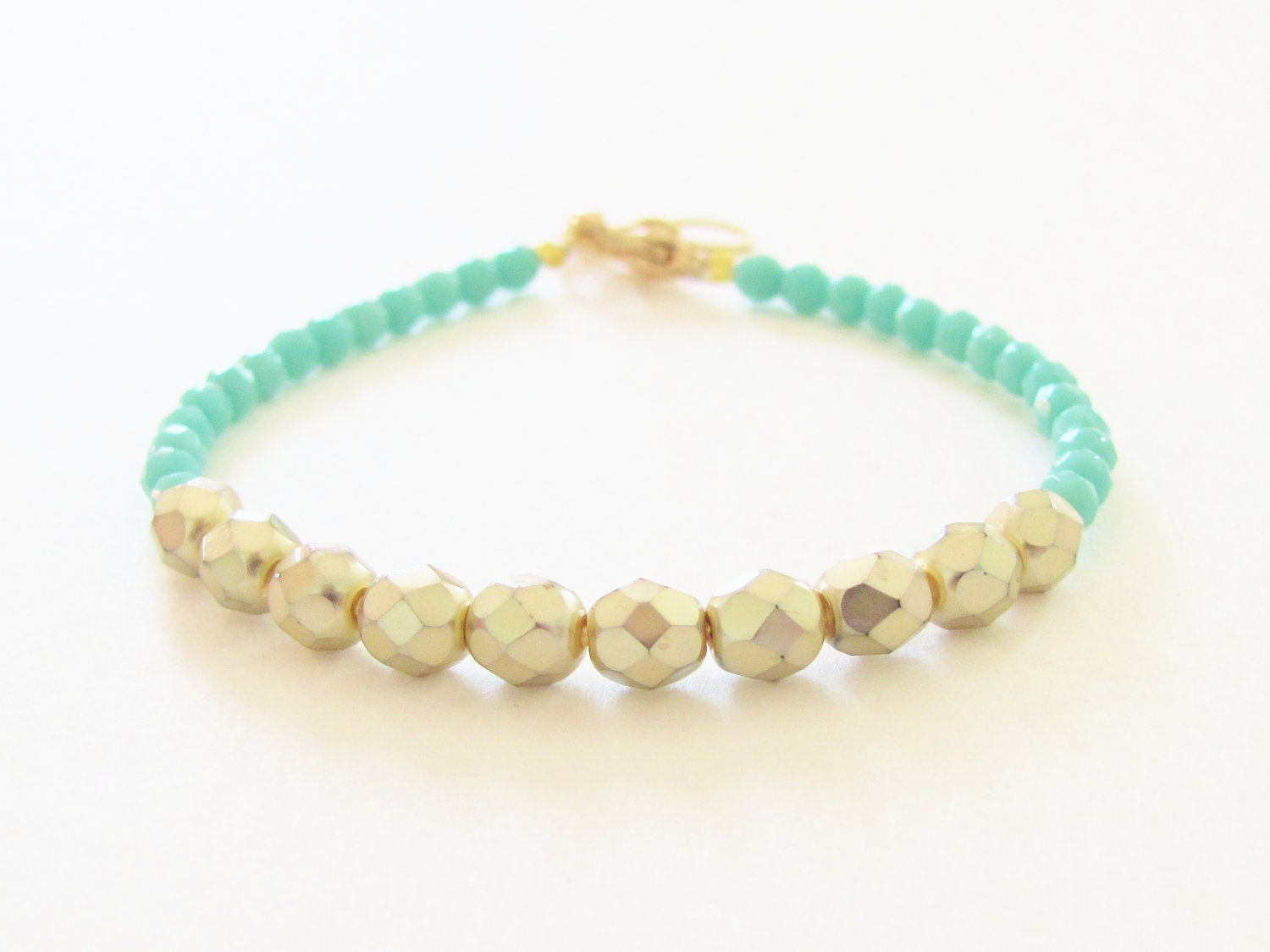 Color Block Bracelet Turquoise and Gold Czech Glass Faceted Beads, Dainty Bracelet - Preppy, Beach, Boho