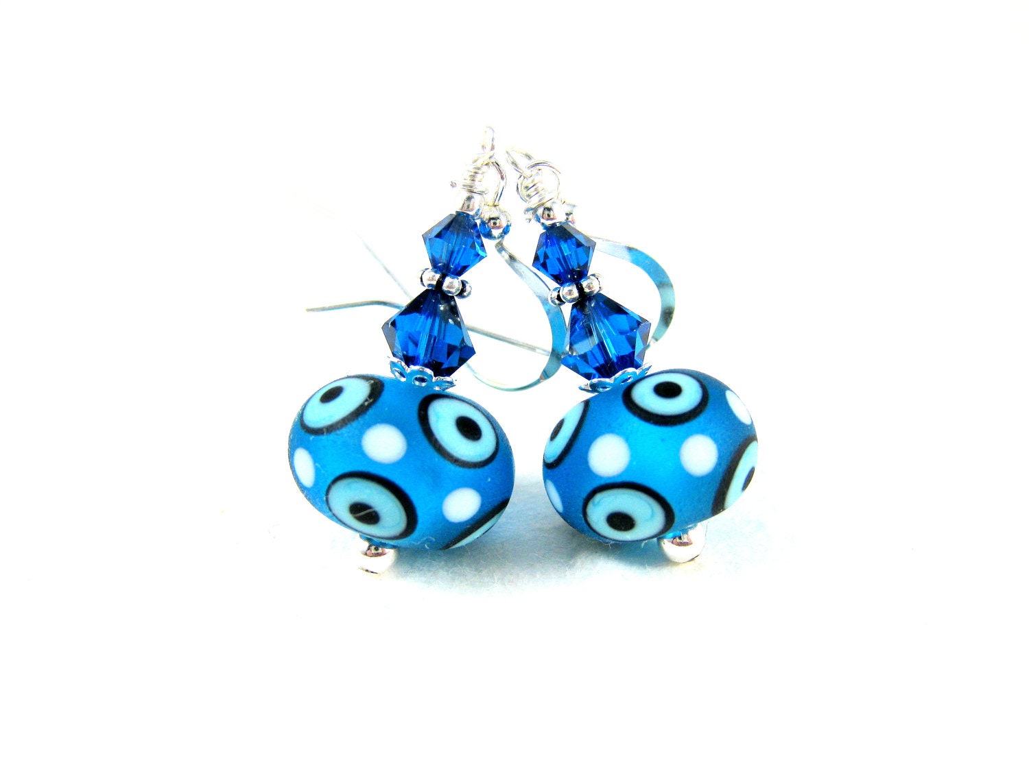 Blue Beadwork Earrings, Azure Blue Lampwork Earrings, Blue White Dangle Earrings, Bright Blue Glass Bead Earrings - Feeling Blue