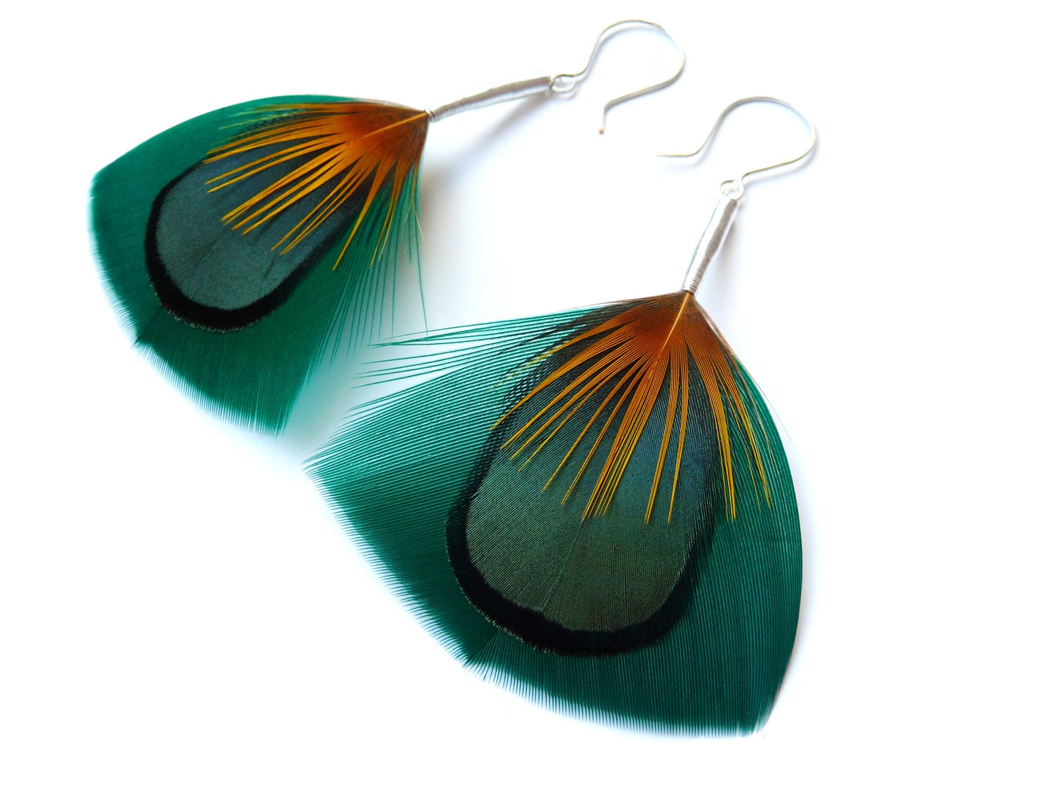Iridescent Feather Earrings in Deep Teal, Green and Yellow - READY TO SHIP