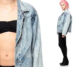 ACID Wash Jean Jacket 80s Denim Light Blue Washed OVERSIZE Vintage Boxy Cropped 1980s Button Up Coat Hipster Women Small Medium Large