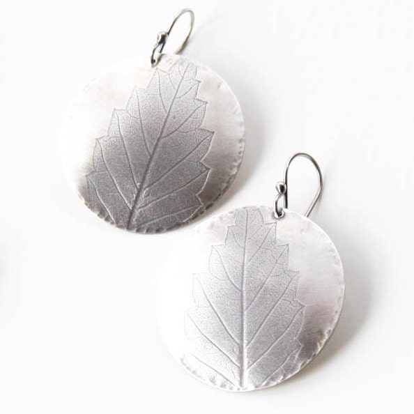 Nature earrings handmade of sterling silver circles pressed with dried leaves and oxidized to show the leaf shape - "Forest Earrings"