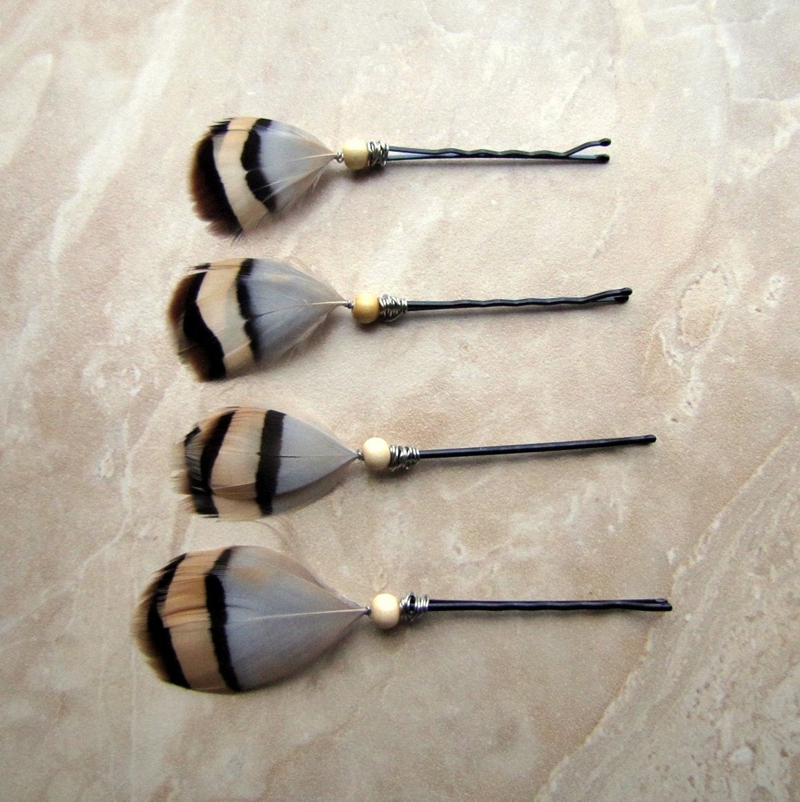 Feather Bobby Pins - Partridge Feathers, Set of 4 - Tribal Tails