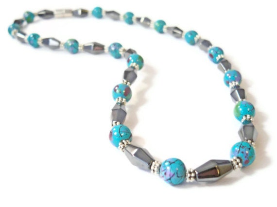Magnetic Hematite Necklace in Black and Turquoise, Magnetic Necklace, Healing Jewelry, Hematite Health Necklace, Good Health Jewelry