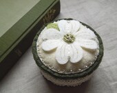 White Dogwood Botanical Embroidered Wool Felt Pincushion