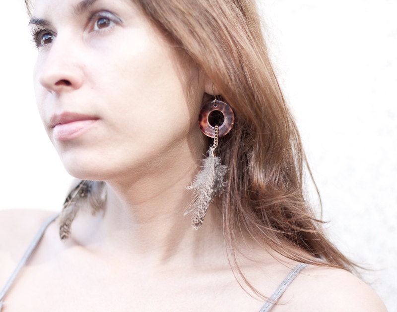 Long Tribal Feather Earrings Brown Vintage indian style boho bohemian ethnic long sexy dangly rusteam