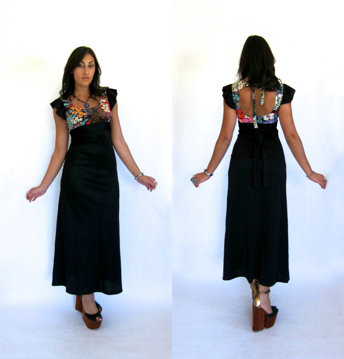 Vintage 70s Black & Floral Open Back Maxi Dress XS S