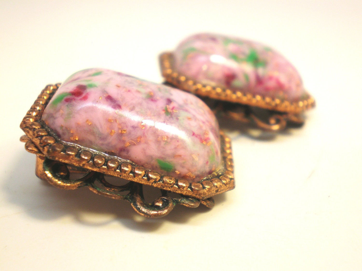 Vintage Earrings 50s Confetti an Copper Speckles Pink Green Marbled Filigree Frame Chunky Glass Cabochon Mid Century Statement