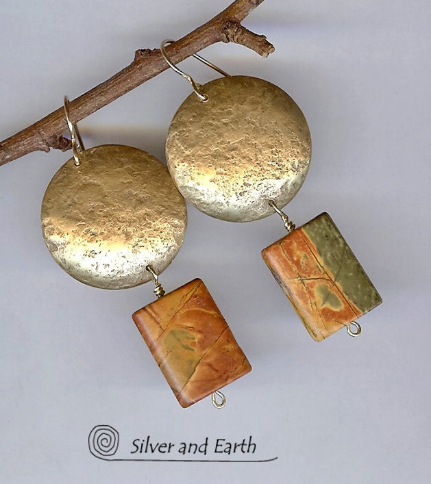 Hammered Gold Brass Earrings w- Organic Texture & Jasper Stones, Artisan Metalwork Earrings, Earthy Modern Hammered Jewelry, Dangle Earrings