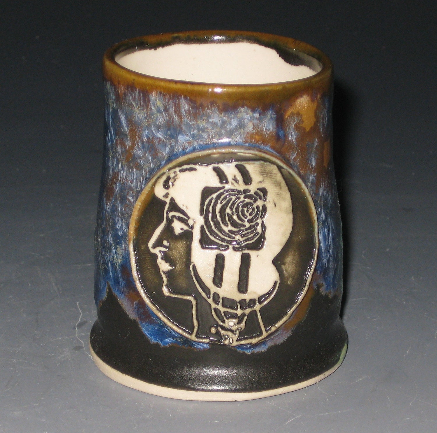 Blue Brown Crystalline and Black Glazed Porcelain Decorative Art Nouveau Lady Profile Stamped Shot Glass Small Tumbler Mouthwash