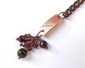 Garnet copper chain, leaf textured pendant, metalwork, OOAK jewelry