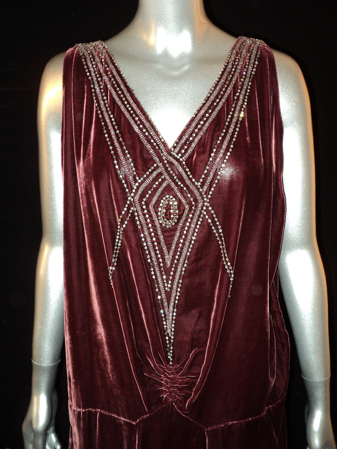 Art Deco Period Silk Velvet Gown Party Dress Boardwalk Empire Large Size Rhinestone 1920s