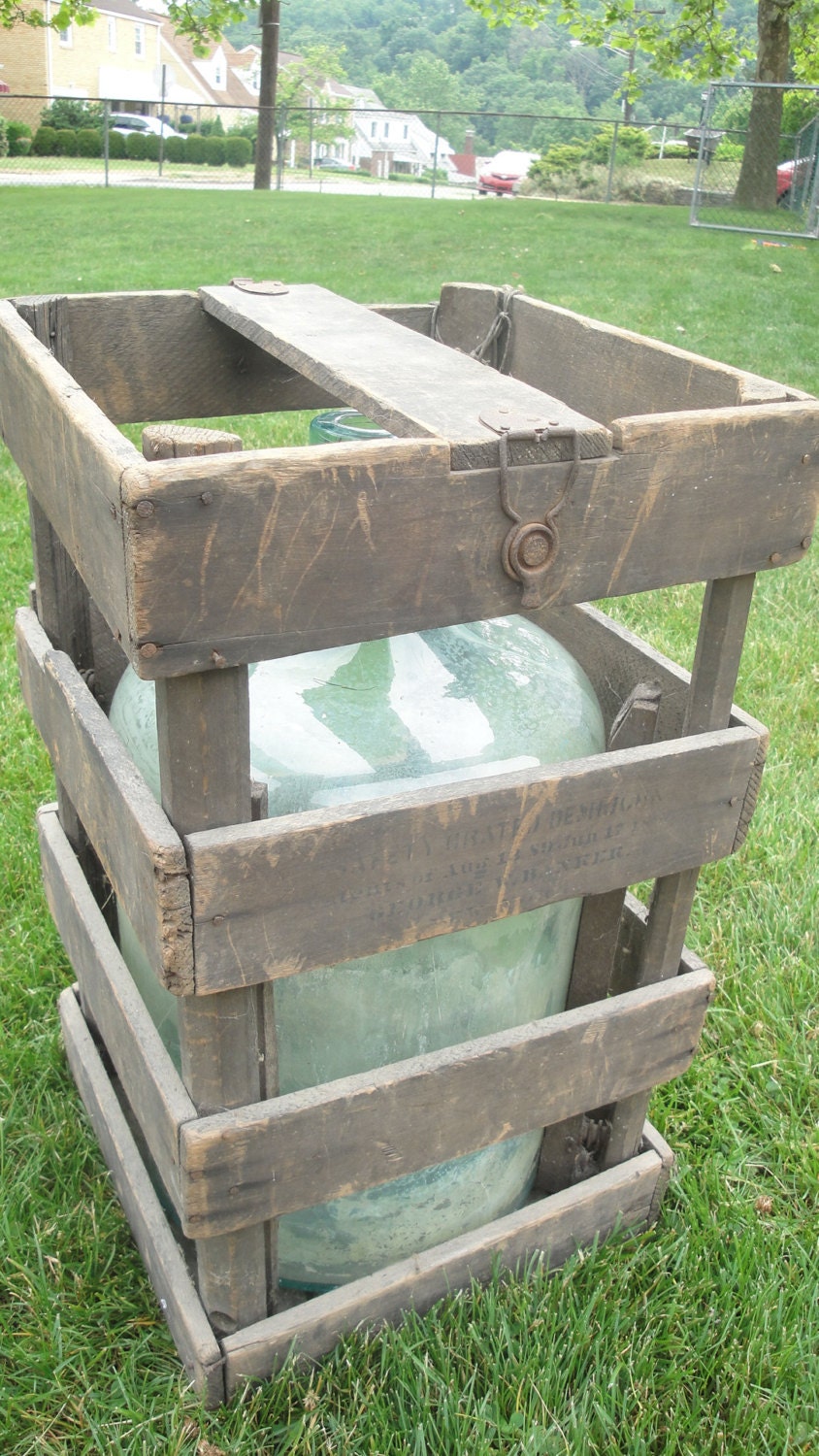 Antique Demijohn Aqua Bottle with Crate Wood
