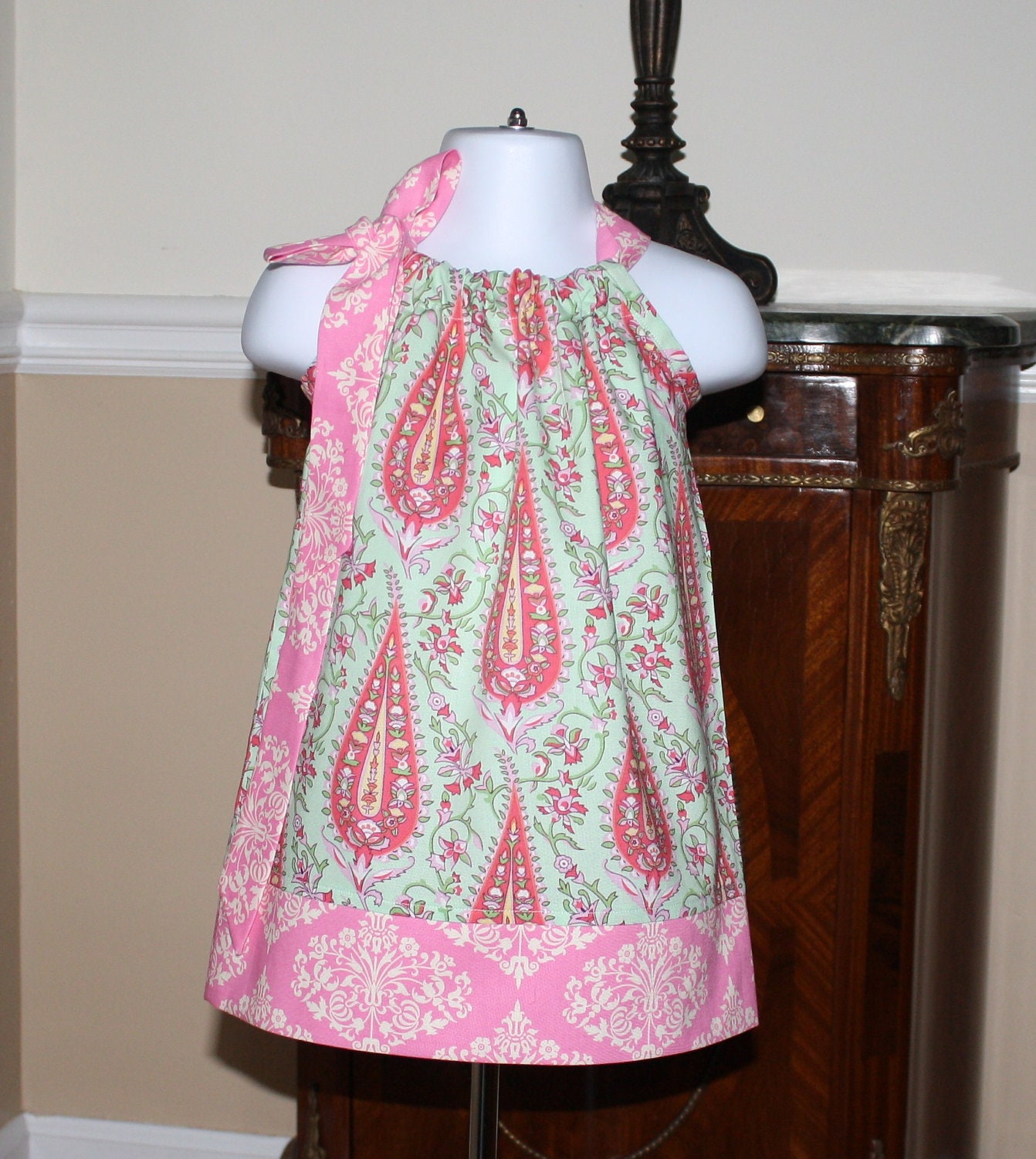 girls Pillowcase dress amy butler paisley mint green, pink 3 mos.  Thru  4T  by Blake and Bailey