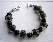 London Fog, Glass Beaded Bracelet, Clear Frosted Black Swirl Glass Beads, Black Faceted Glass Beads, Made with love by Maddabling