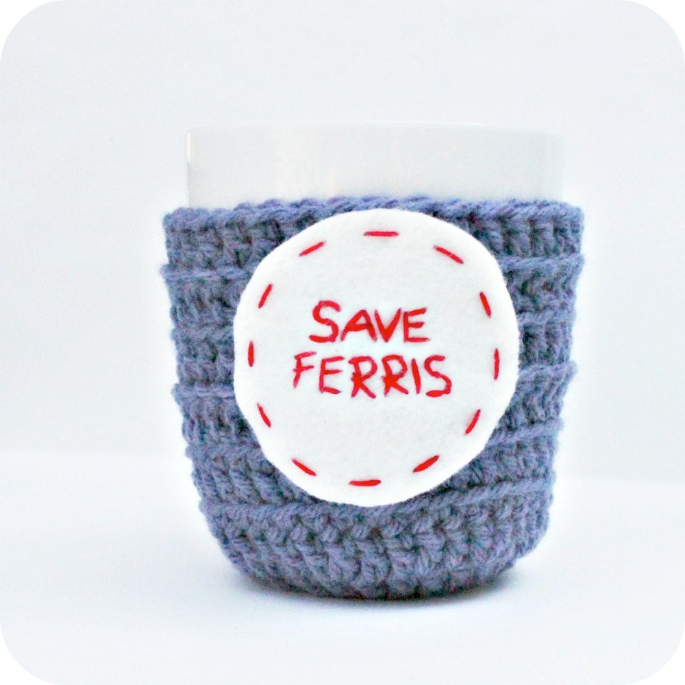 Funny Coffee Mug Cozy Tea Cup blue gray red crochet handmade cover