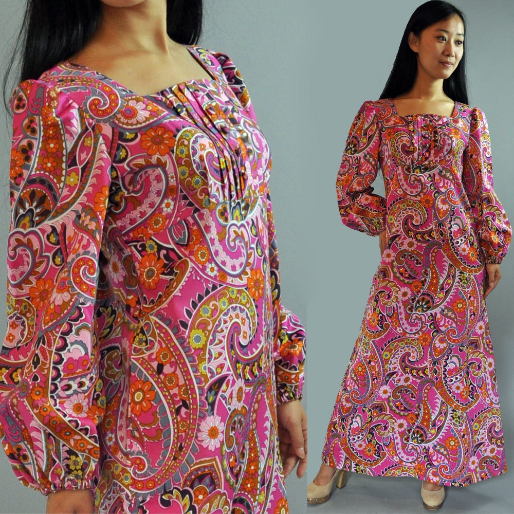 60s hippie maxi dress mod artsy floral bohemian babydoll maxi party dress s / small m / medium