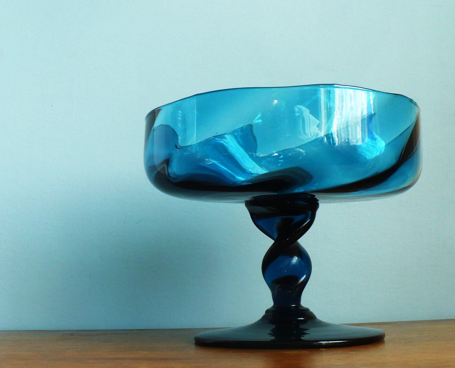 Blue Glass Large Compote With Twisted Stem
