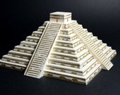 El Castillo Mayan Pyramid of Kukulkan Paper Model (ASSEMBLED) with linocut printed details