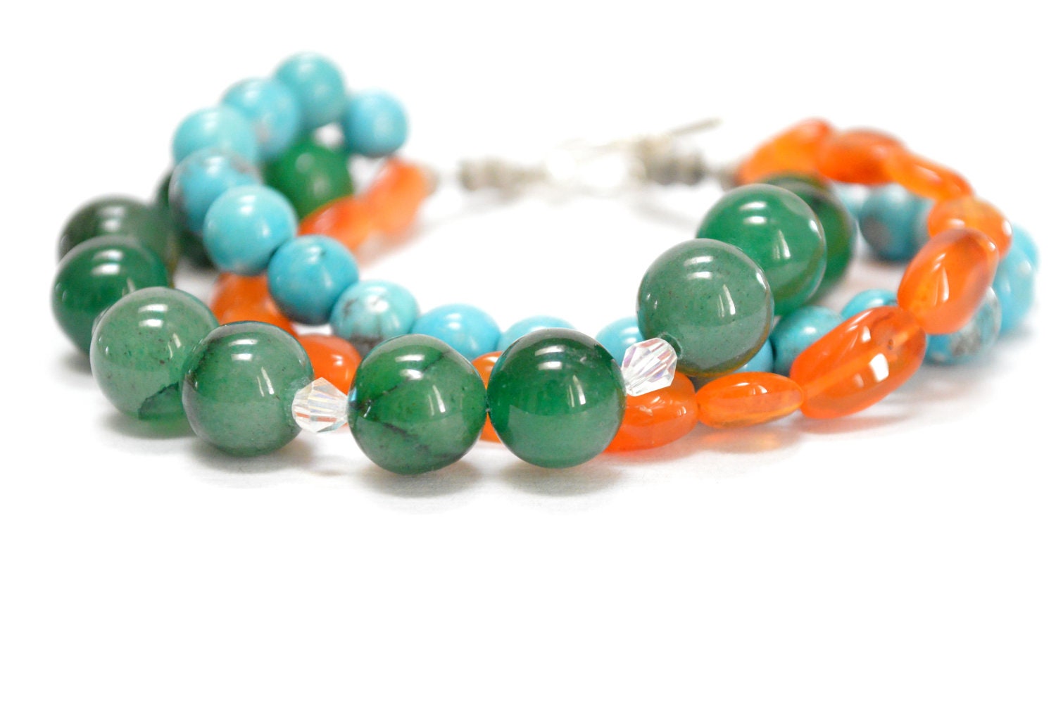 Chunky Bracelet, Multi Color Turquoise Green Orange Fall Bracelet Harvest Triple Strand Fashion Jewelry