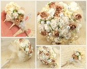 Bridal Bouquet- Paper, Fabric and Pearl Bouquet Shabby Chic Rustic Wedding in Ivory, Cream and Champagne