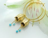 Turquoise earrings, Turquoise jewelery, Turquoise hoops, unique handcrafted jewelry, Bell flower earrings, Bridesmaids earrings, gold blue