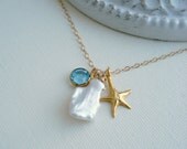 Starfish Pendant Necklace In Gold, Wedding Jewelry, Beach Jewelry, Aqua Blue White, Gift For Her Under 50