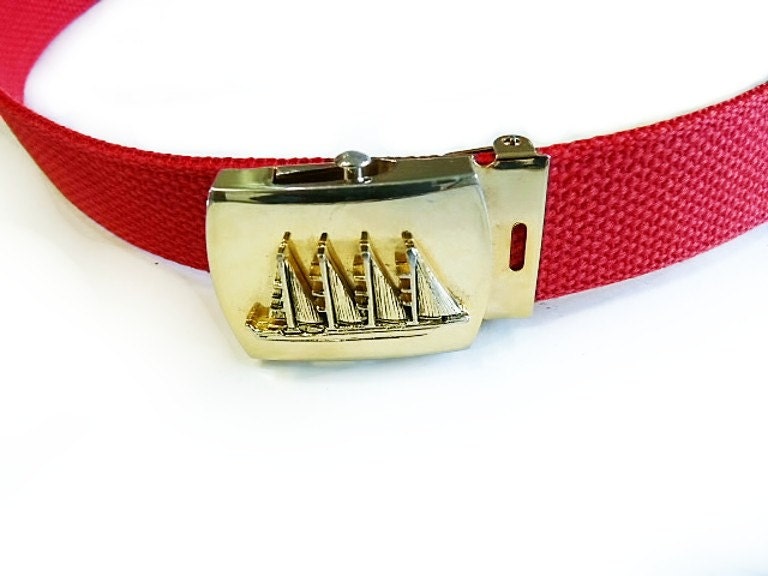 Vintage 1960s Sail Boat Belt Gold Solid Brass Buckle Woven Red Fabric Belt