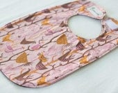 Orange Pink and Brown Bird Bib with Chocolate Brown Fleece Backing