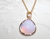 Pink Opal Drop Necklace, Pink Opal Pearl faceted Glass Drop bezel set Golden chain Necklace, Chic Dainty Everyday Wear Classic Drop Necklace