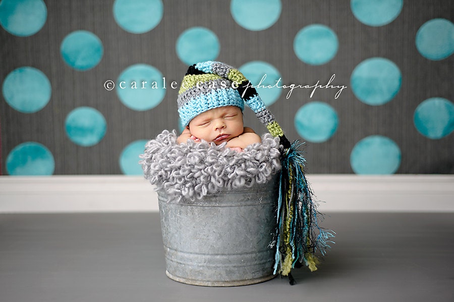 Elf Hat in Aqua, Lime, Black, and Grey Fringe Tail